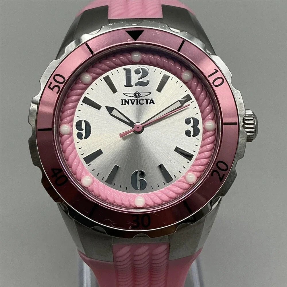 Invicta Angel 14801 Womens Watch 37mm Silver Tone Pink Silicone New Battery